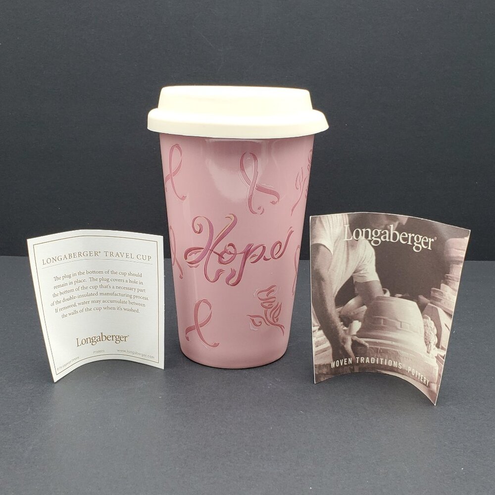 Longaberger Horizon of Hope Pink Travel Tumbler with Lid Pink Ribbon Travel Cup